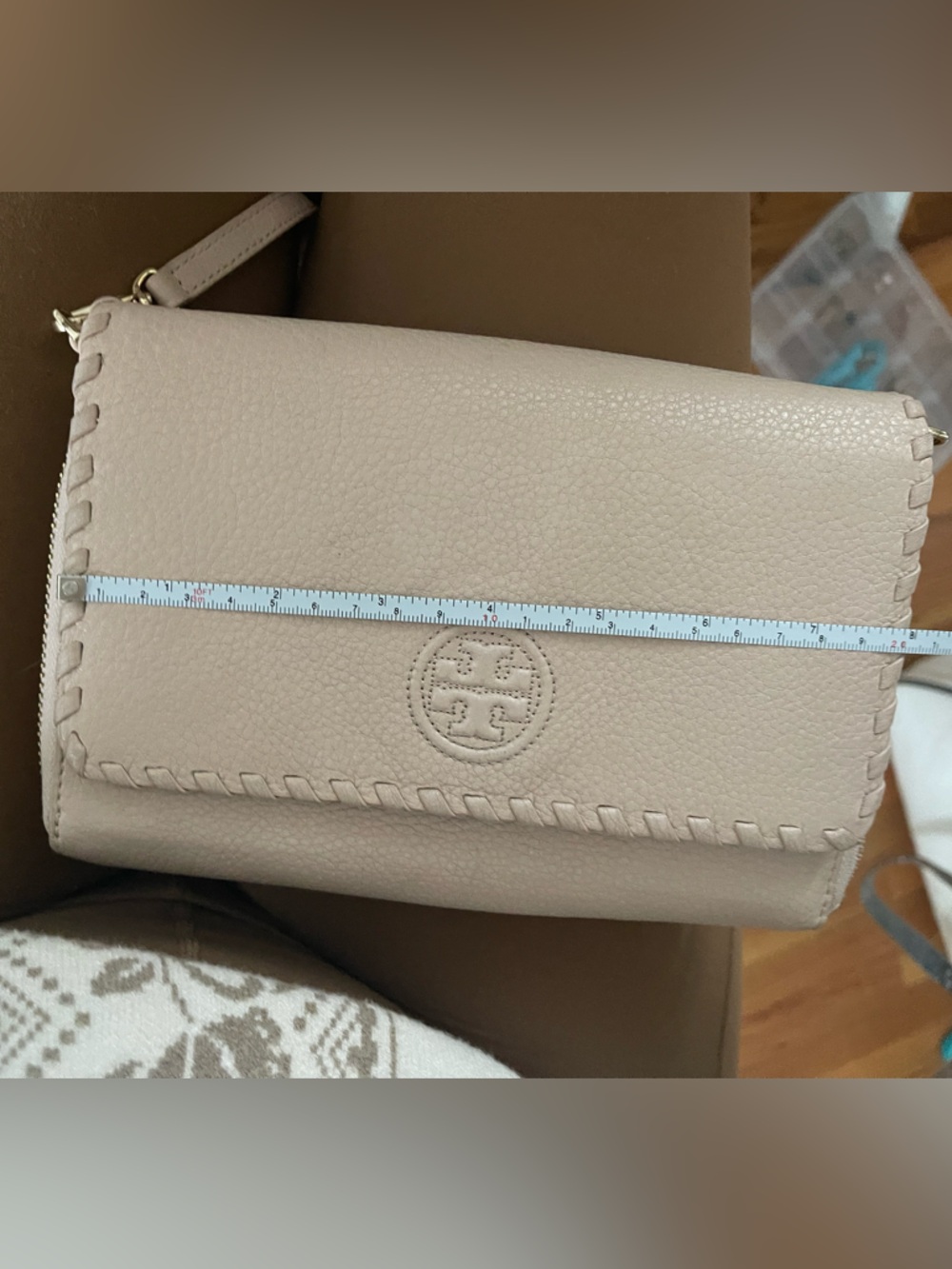 Tory Burch Whipstitch Pebbled Leather Crossbody in Taupe - Picture 10 of 10